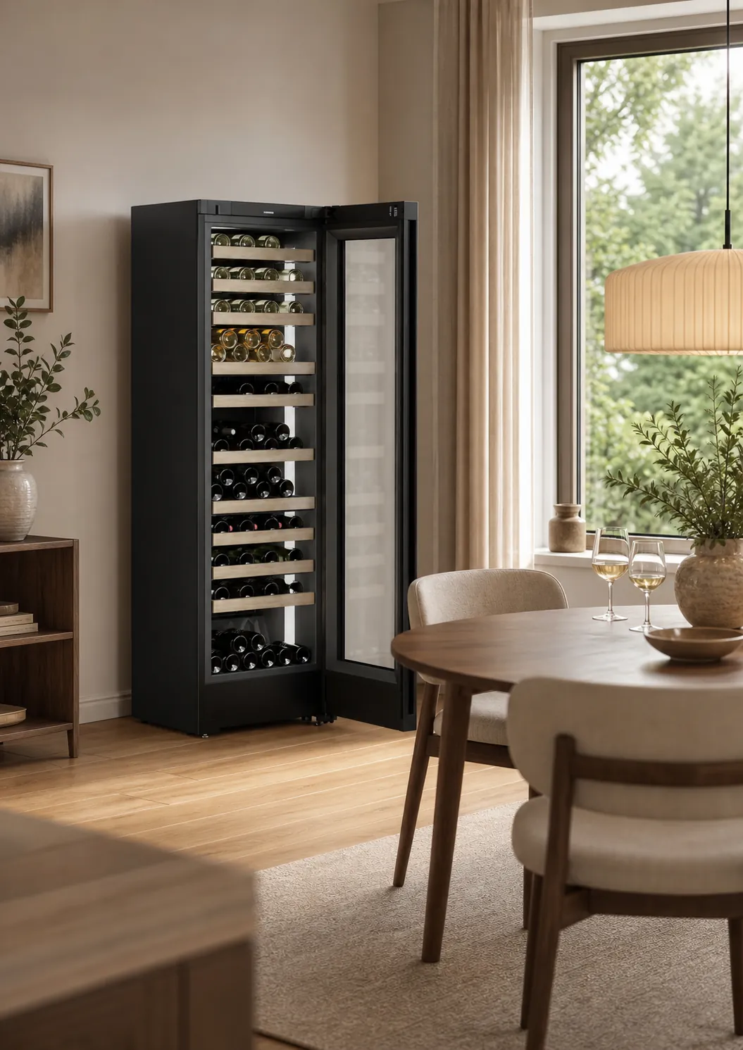 Czarna szafa na wino Liebherr w jasnej jadalni z okrągłym stołem
